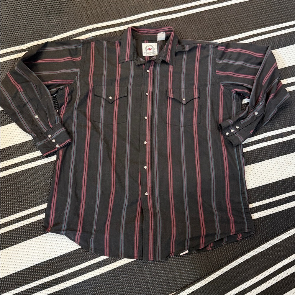 VTG 80s Mid-west garment Co, western pearl snap button up, pinstripe Mens XL 🕰️